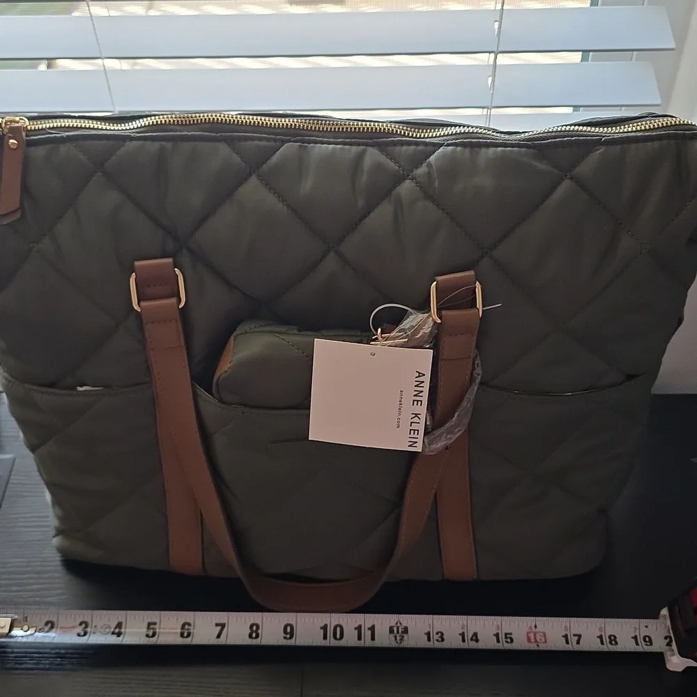 Anne Klein Quilted Nylon Tote‎ Bag w Zip Pouch Olive Green NWT